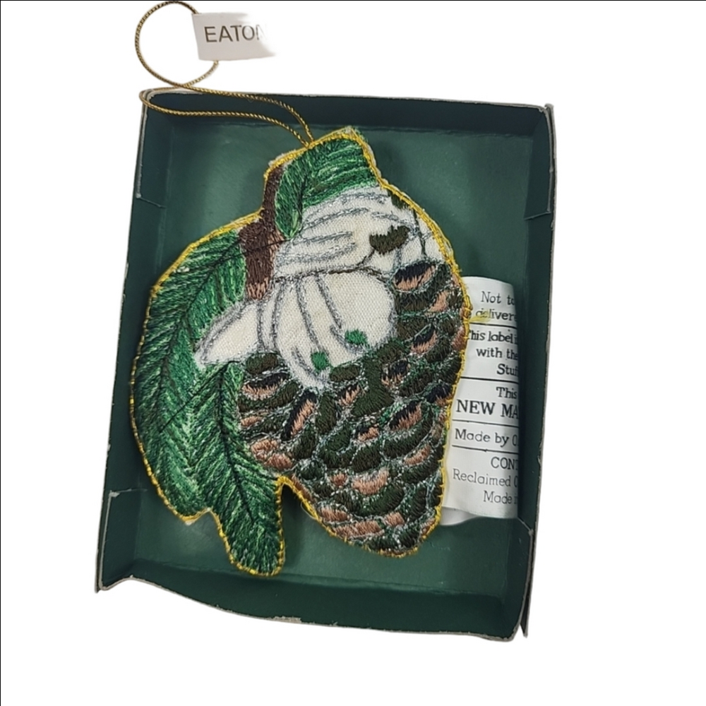 VINTAGE Eaton 1994 Embroidered Christmas Ornament -Pine Cone Shaped Forest